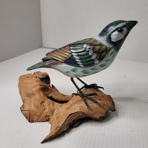 Vintage Hand Carved Painted Wood Bird on Driftwood Wire Legs Folk Art
