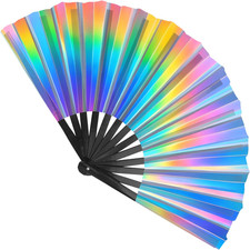 Large Folding Hand Rave Fan,Clack Handheld Holographic Glitter Colors Hand Fan f