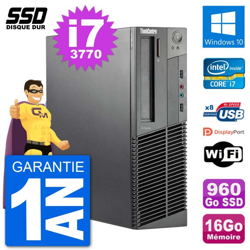 PC Lenovo ThinkCentre M92p SFF Intel i7-3770 RAM 16Go SSD 960Go Windows 10 Wifi