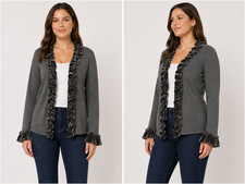 VTG Y2K Dressbarn Grey Knit Cropped Cardigan Velvet Ruffle Whimsigoth M edium