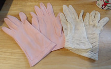 2 Vintage Size 7-8 Pink Stretch Nylon Gloves Scallop Wrist WHITE NET MESH