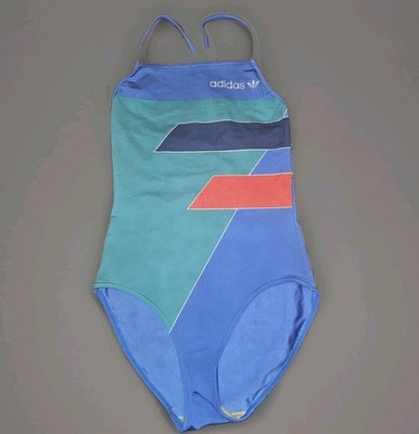 Vtg 80s Archival Adidas Swimsuit West Germany Era Small Blue High Cut Trefoil