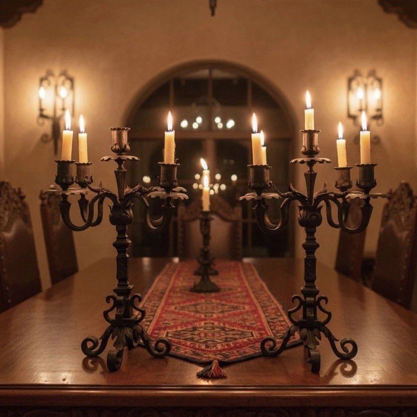 PAIR OF VINTAGE SPANISH REVIVAL WROUGHT IRON CANDLESTICKS 16” HAND FORGED - Image 2 of 4