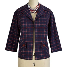 Vintage 1960's Navy Blue and Red Plaid Cotton Crop Blazer by Westover | Size M