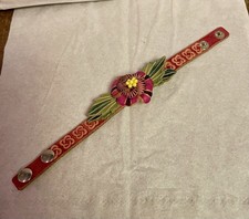 Hand tooled Floral Leather Bracelet Snap Closure W/pearl Beaded Accent In Flower