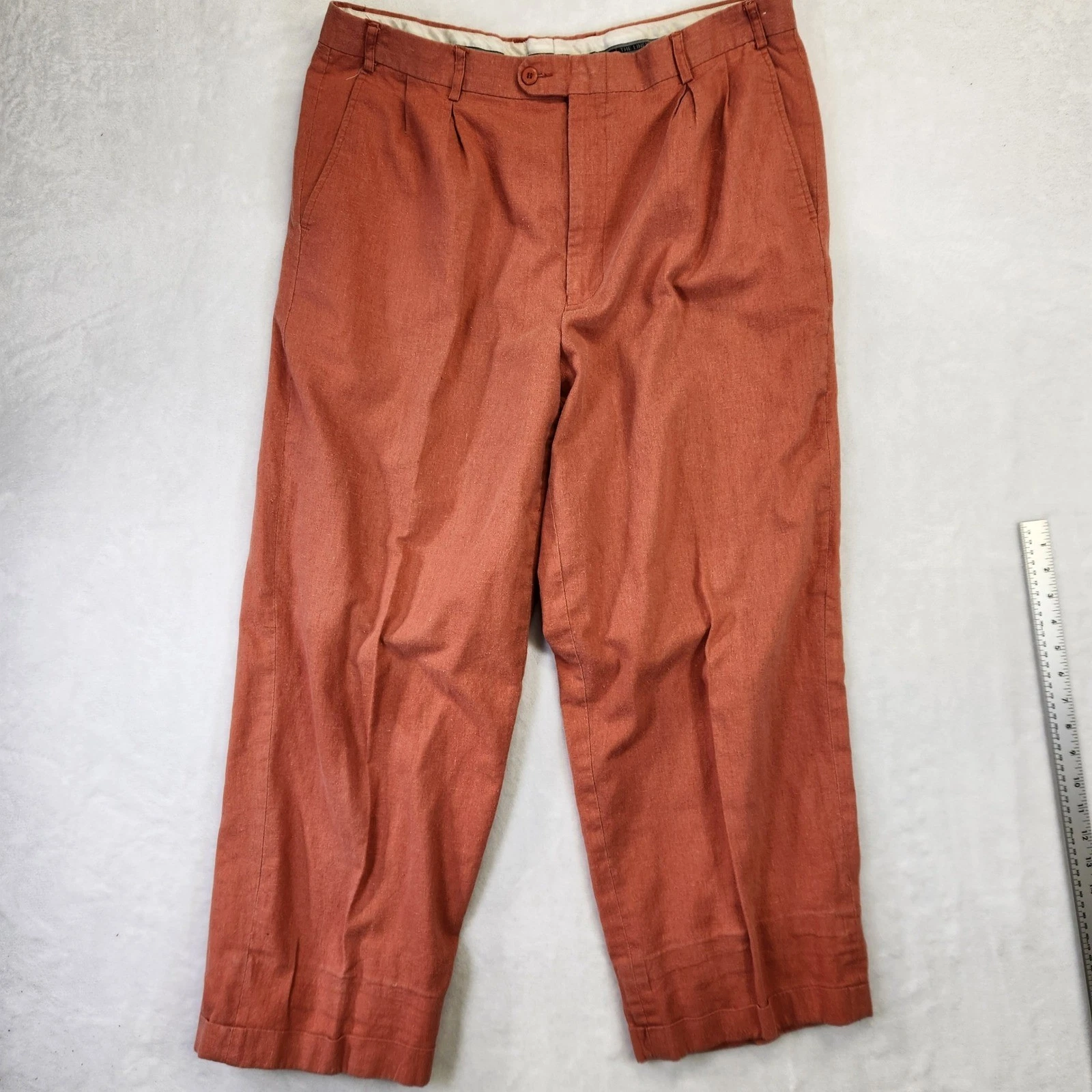 The Linen Connection Mens 100% Linen Pleated Trousers Terracotta Orange 40x28