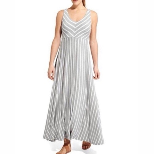 Athleta Dreamin Women's Maxi Dress Sleeveless Pullover Gray White Striped Medium