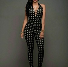 2Chique Mesh Checkered Pattern Halter Neck Jumpsuit Women's L Black Nude