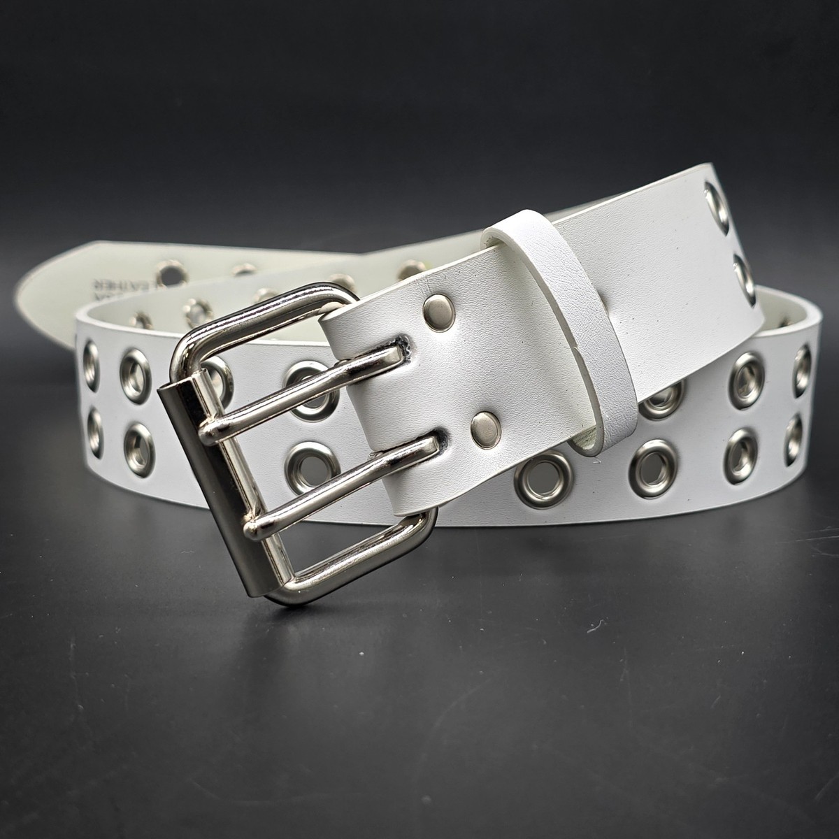 White Genuine Leather Grommet Eyelet Studded USA Made Three Row