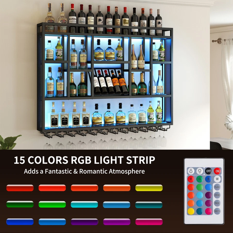 15 Color LED Lights Wine Rack 50+ Bottles Capacity Wall Mounted Liquor Display - Image 3 of 4