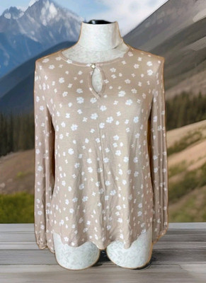 Liz Claiborne Womens Top 0X Coastal Beige Floral Print - Keyhole  Long Sleeve 