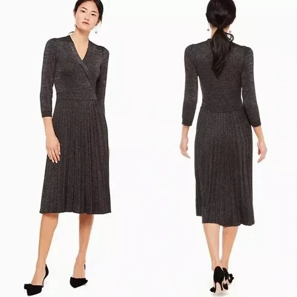 Maglione KATE SPADE Dashing Beauty gonna a pieghe maglia metallica abito taglia XXS