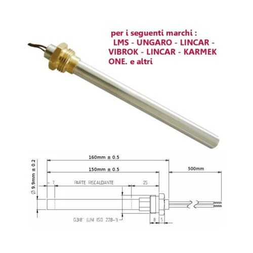 UNIVERSALE Resistenza Candeletta Stufa a pellet 3/8 280W 160mm UNGARO KARMEK 150mm battuta