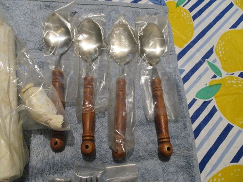 Whitehall Mid Century Modern Wood Handled 16 PC. Flatware Set Serves 4 w Holder - Picture 6 of 10