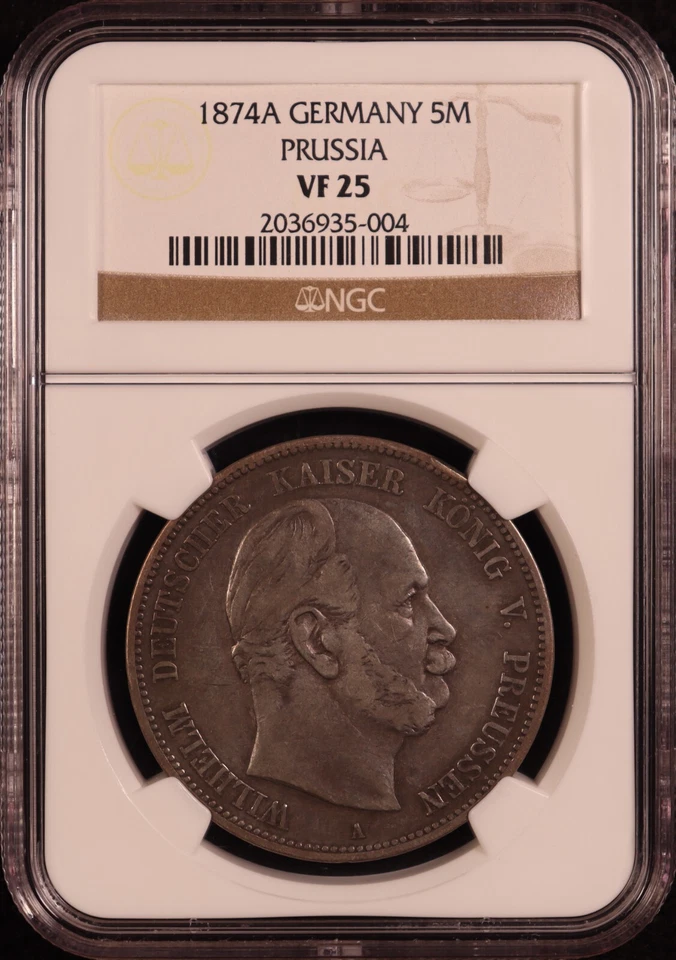 1874-A Germany Prussia "Kaiser Wilhelm I" Silver 5 Mark - NGC VF25 - Original! - Image 2 of 4