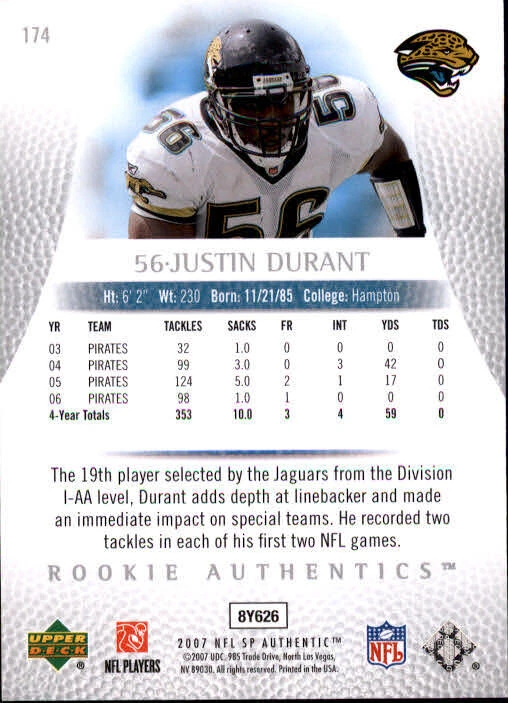 B0364- 2007 SP Authentic #174 Justin Durant RC /999 - NM-MT - Image 2 of 2