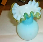 Vintage Glass Fenton Blue Satin Vase With Greenish Gold Ruffled Edge 6"