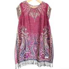 Pashmina OS Poncho Cape Paisley Pullover Cap Sleeve Mauve Magenta Cashmere Wool