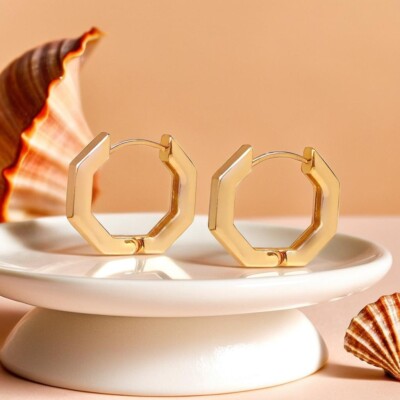 Hexagon Huggie Hinged Earrings, Gold Plated Geometric Hoops