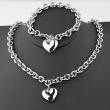 7.5mm Womens Necklace Bracelet Set Stainless Steel Lovely Heart Jewelry Set