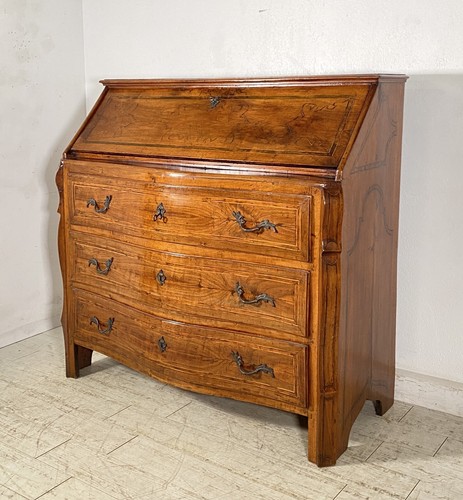 ANTICO MOBILE RIBALTA SECRETAIRE MOSSO SCRITTOIO INTARSIATO NOCE 1700 PIEMONTESE