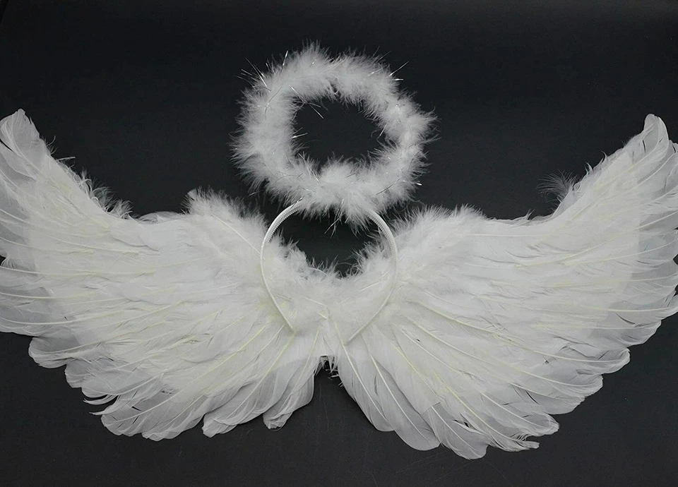 Alas de pluma de ángel con anillo halo varita disfraz utilería adulto adolescente niños Halloween Foto 2 de 4
