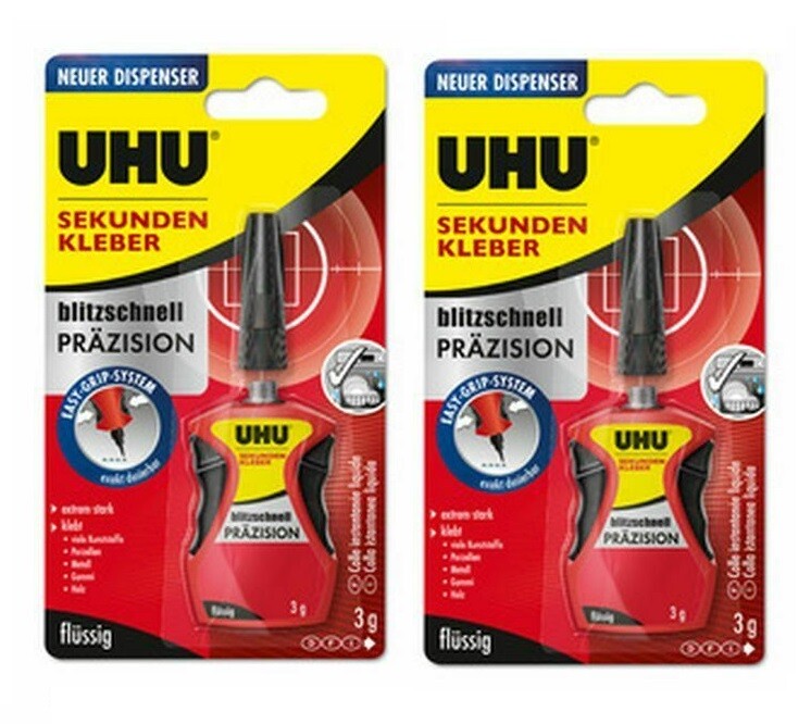 2X Uhu Sekundenkleber Kleber Flüssigkleber Blitzschnell Präzision 3G Tube