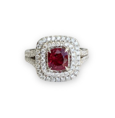 RED SPINEL WITH  DIAMOND DOUBLE HALO RING IN PLATINUM