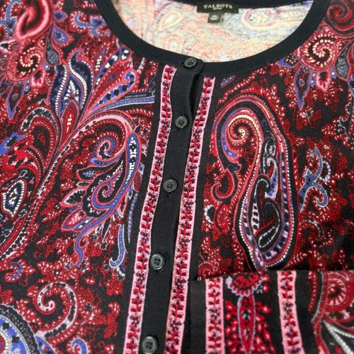 Talbots Cardigan Petite M MP Red Black Pink Paisley Button Front Long Sleeve - Picture 9 of 12