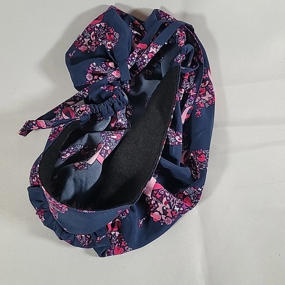 Maevn Adjustable Scrub Hat Birds Flowers Butterfly Ribbon Navy Blue & Pink - Image 4 of 4