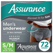 Assurance Men's Incontinence Underwear, Small / Medium, Maximum Absorbency 72 Ct
