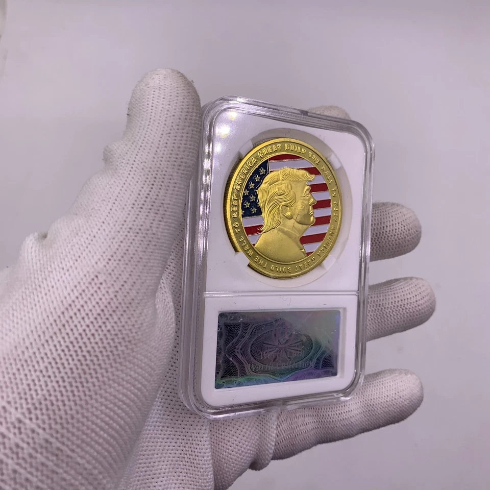 Moeda desafio folheada a ouro 9 peças/lote EUA President Trunp com estojo ventiladores - Imagem 4 de 4