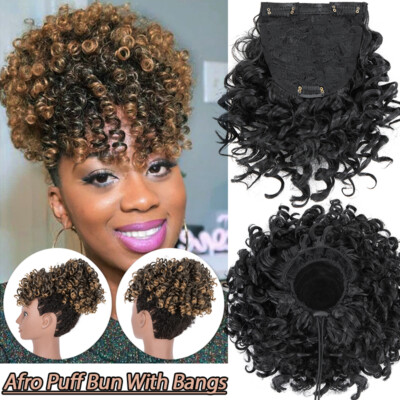 Afro Kinky Curly As Human Hair Short Ponytail Bun Clip In Bangs