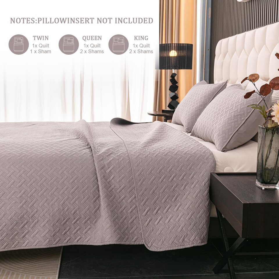 FLYMME King Size Quilt Bedding Set Light Grey Lightweight Bedspreads
