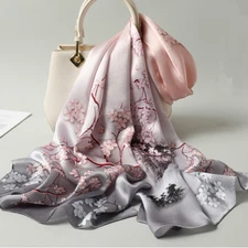 100% Satin Silk Scarf Women neckerchief Shawl Wrap floral pink red gray HD1-43