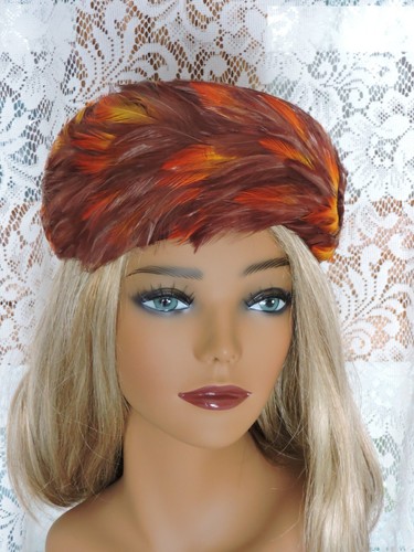 Vintage Ladies Feather Pillbox Hat - Gage Union - Red Brown Orange Yellow