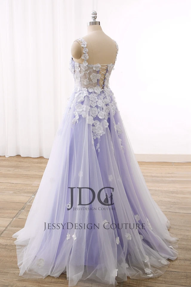 2025 Bohemio Lila Marfil 3D Flores Vestido de Novia Vestido de Novia Hecho a Medida Corsé Foto 2 de 4