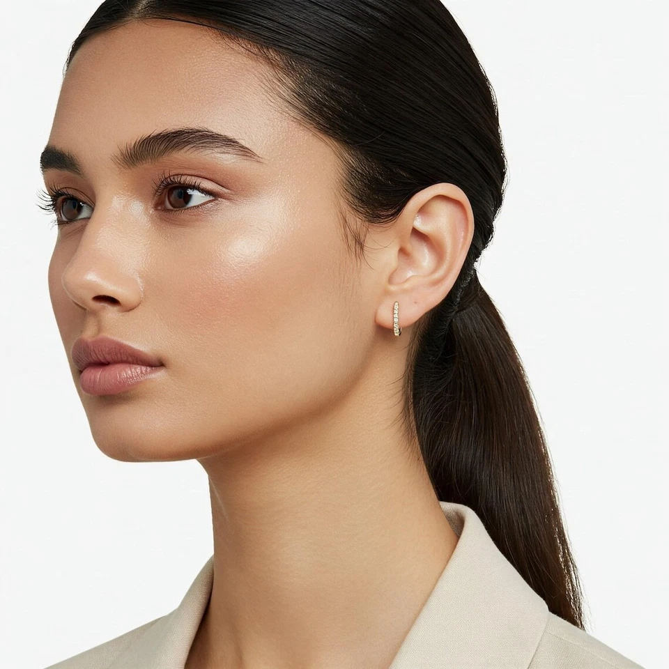 14K Solid Yellow Gold Dainty Pave CZ Eternity Huggie Hoop Earrings Small 12.5MM - Image 2 of 4