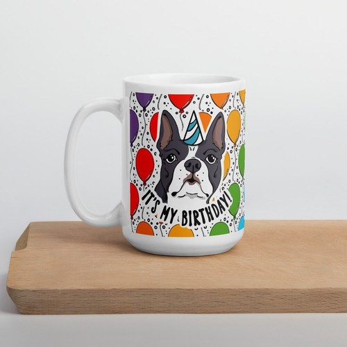 Boston Terrier Dog Rainbow Balloon Mug 15 Oz Pet Portrait Birthday Gift - Picture 7 of 24