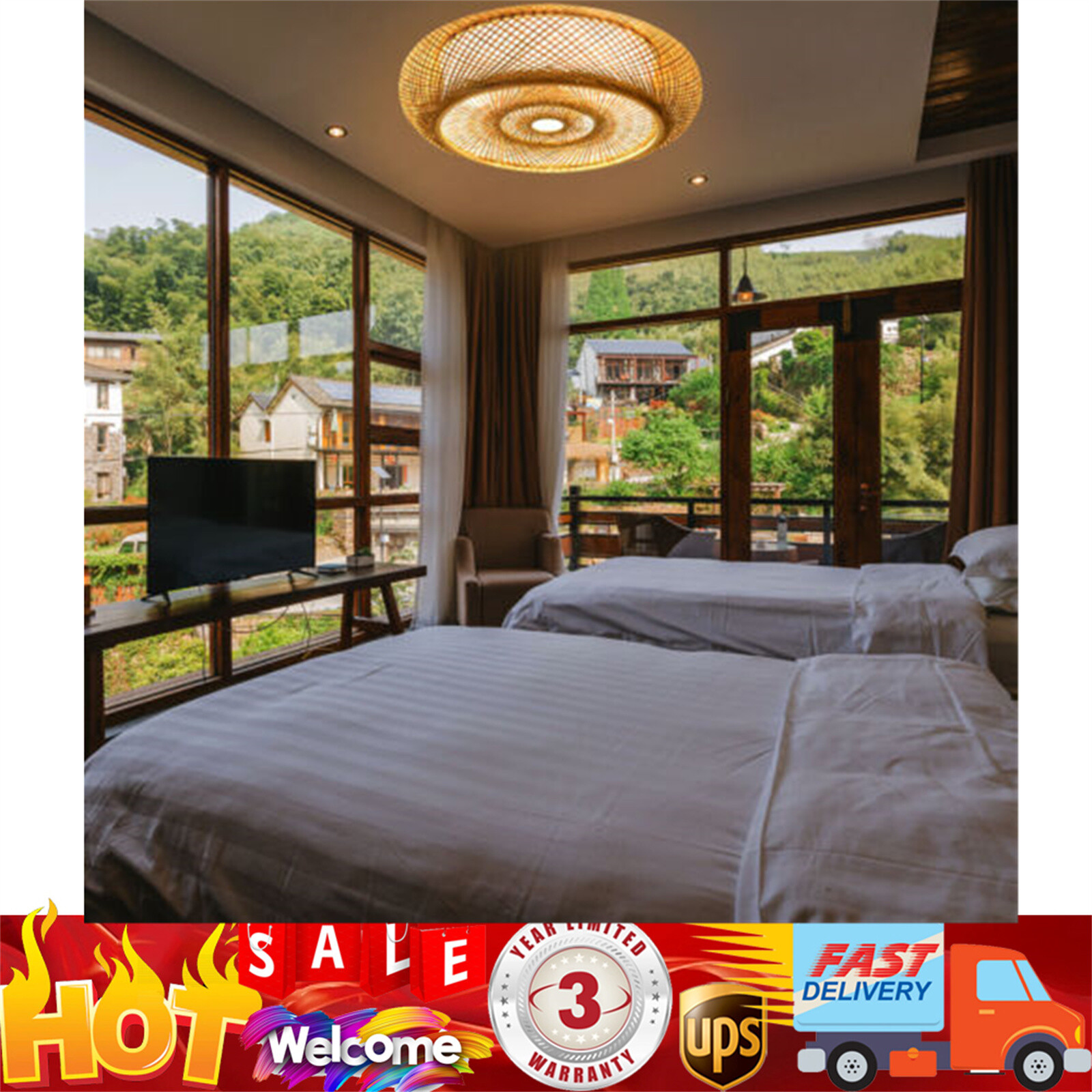 Bamboo Wicker Rattan Pendant Lamp Chandelier Ceiling Light Fixture Flush Mount