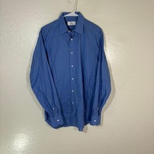 Brioni Shirt Mens L 15.5 Blue Solid Cotton Dress Button Front Long Sleeve Italy