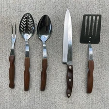 5 Cutco Vintage Serving Utensils Wood Handles Spatula Spoons Knife Carving Fork