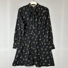 LOFT Top Womens 0 Black Floral Fit Flare Dress Collared Tie Neck Sheer Buttons