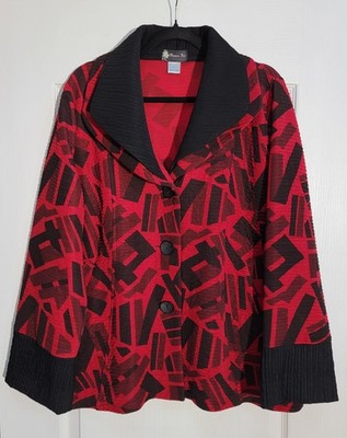 Damee Inc Jacket Women s XL Red Black Geometric Textured Crinkle Artsy Button Up