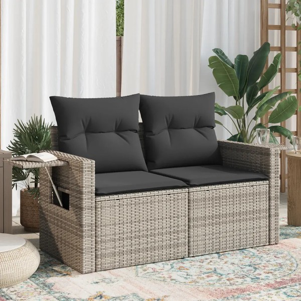 Poly Rattan Gartensofa 2-Sitzer Mit Kissen Grau-image