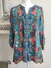 Fig  Flower Blouse Paisley 3/4 Sleeve Peasant Boho Travel Tunic Women's Top M