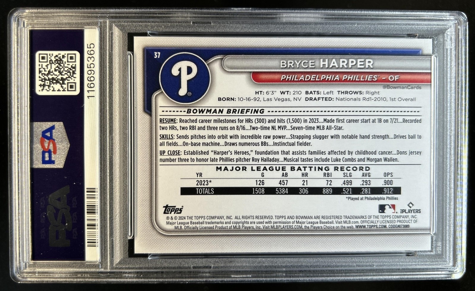 2024 Bowman Bryce Harper Purple #/250 Phillies PSA 10 GEM MINT view 2