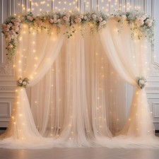 20 8ft Champagne Tulle Curtain Backdrop with Lights String for Parites, Sheer...
