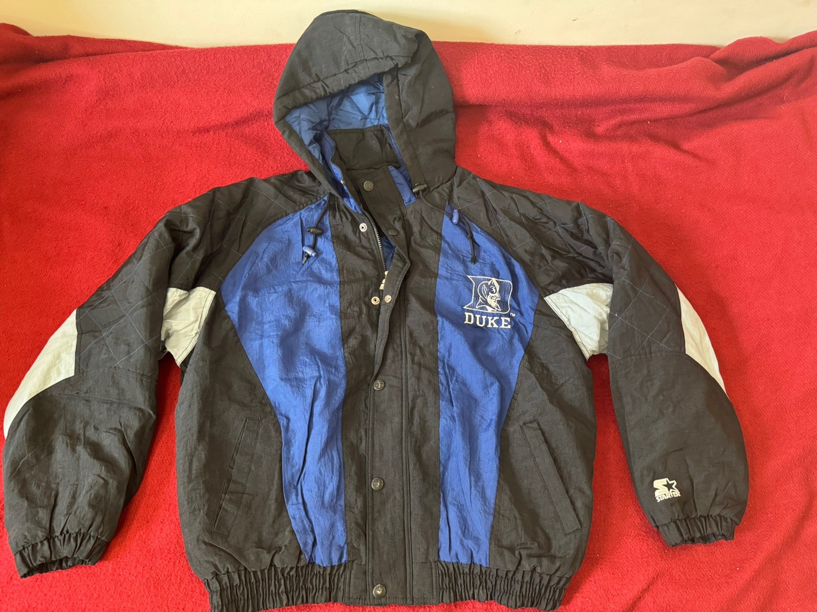 Vintage Starter Duke Blue Devils Jacket Hooded Black Blue L NCAA RARE