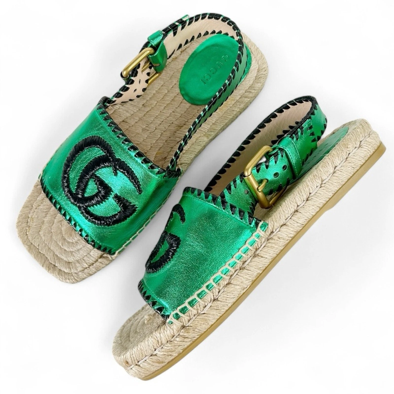 Sandales espadrilles métalliques GUCCI Pilar brodées double G slingback EU 37,5